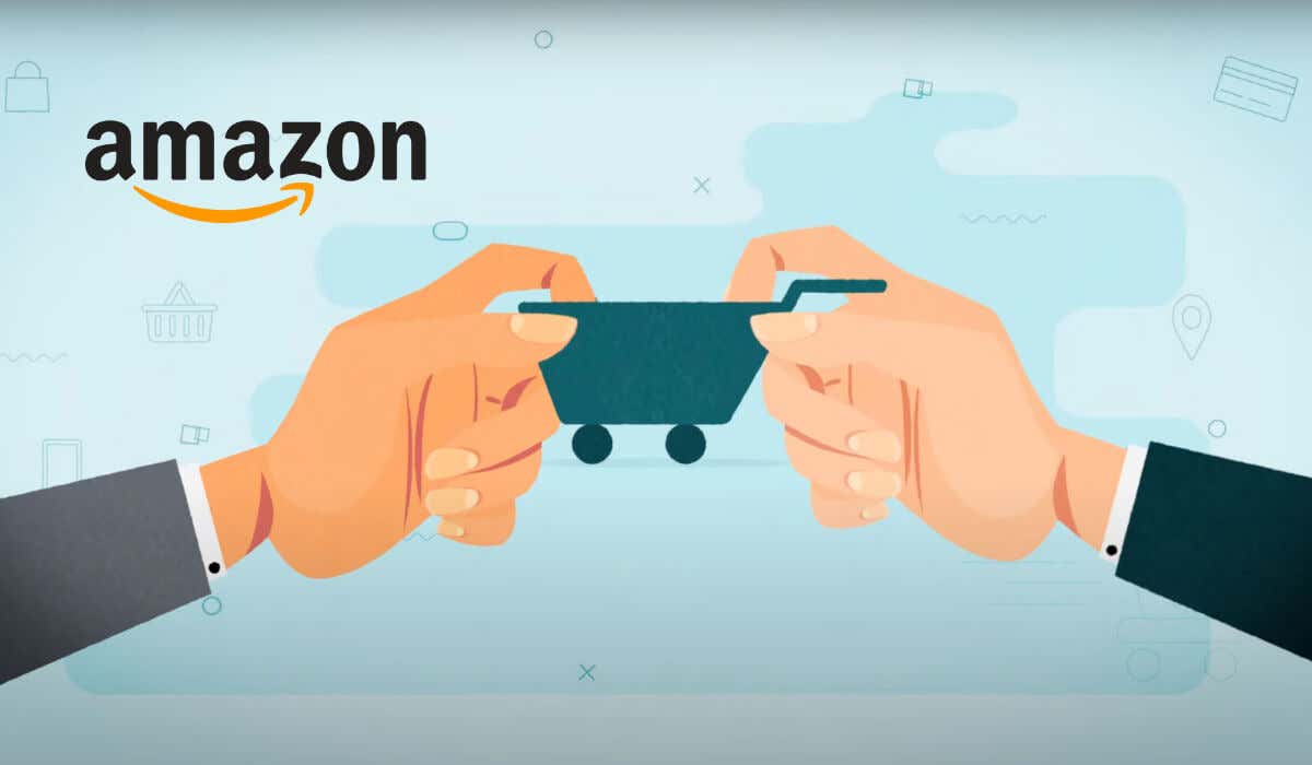 Two hands exchange a small shopping cart against a light-blue background featuring the Amazon logo and various commerce-related icons