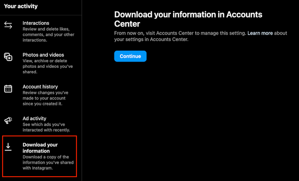 03_download your information - Online Tech Tips Screenshot of the Download Your Information menu on Instagram web - 03_download your information