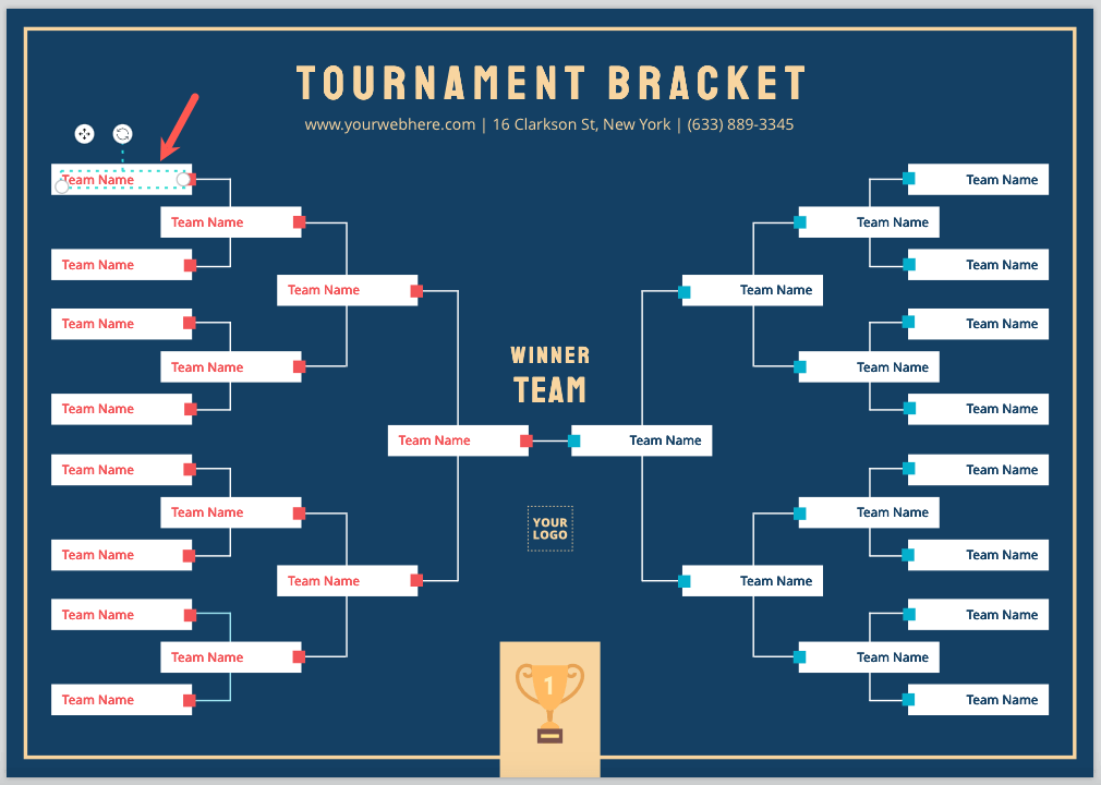 A tournament bracket displays team names, progressing towards a winner, indicated by a trophy; the context is a dark-blue background with contact information