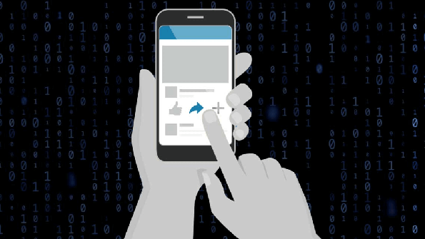 A smartphone is being used to share a post; a thumb and index finger interact with the share icon on a social media app interface