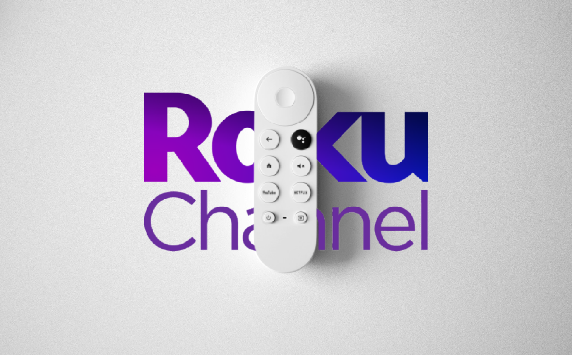 Google TV remote overlaying the Roku Channel logo
