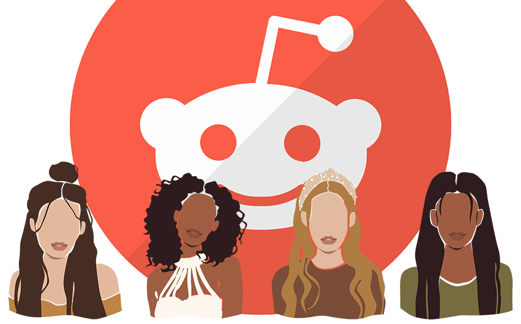 Four stylized female figures are positioned in front of a large Reddit logo