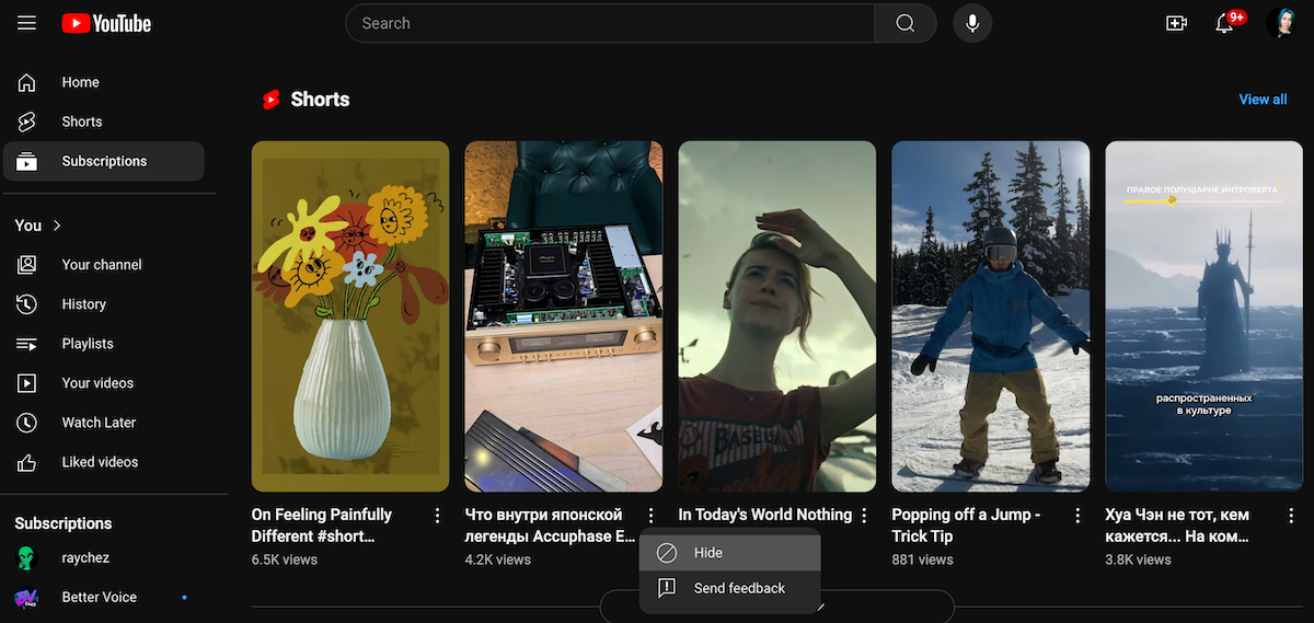 A YouTube Shorts page displays five short videos