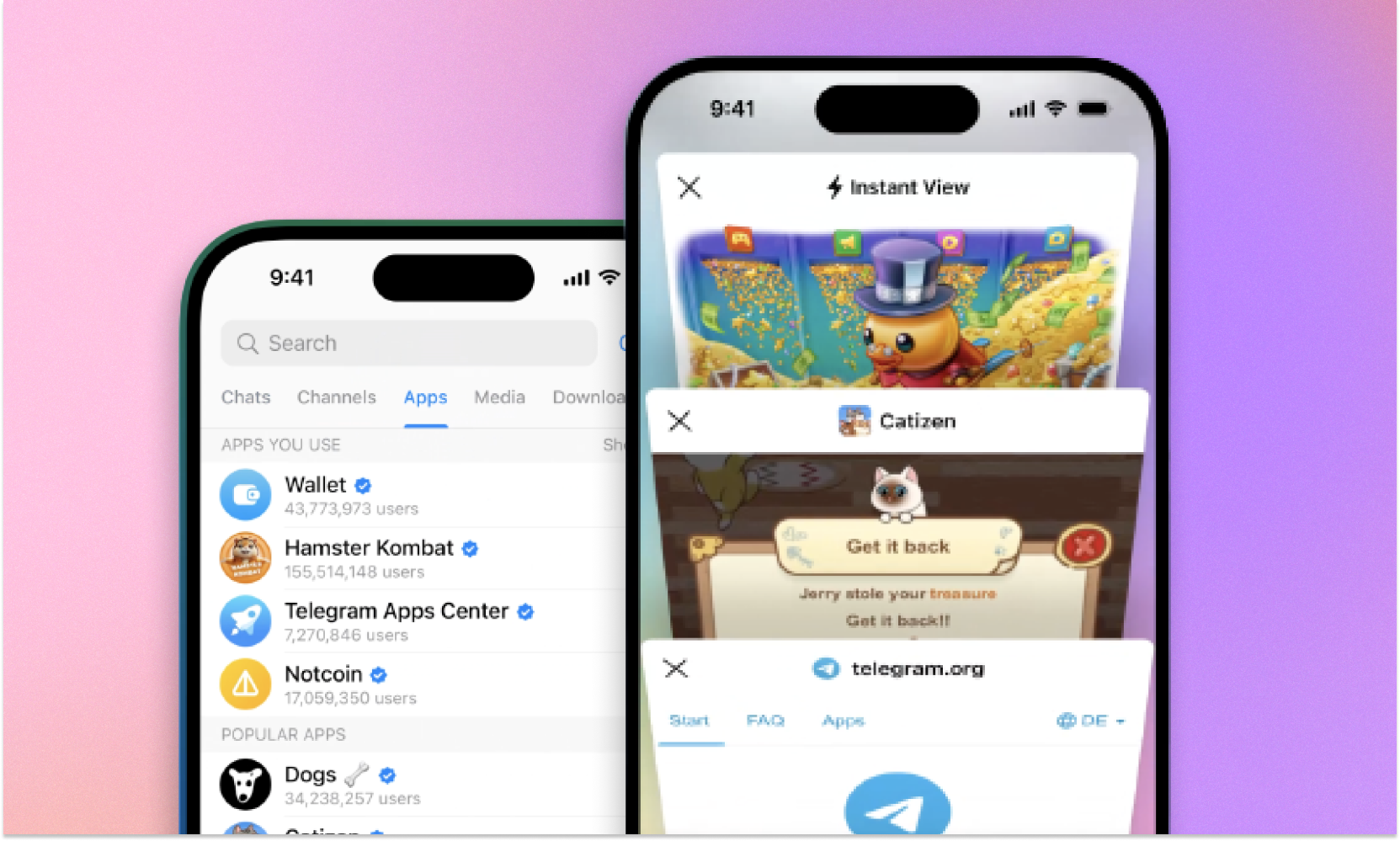 Illustration showing Telegram's new mini app store (left) and in-app browser (right)