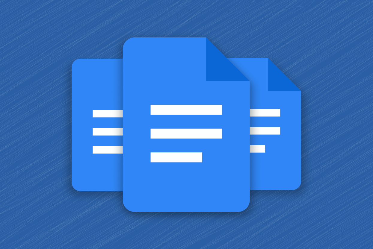 Three overlapping Google Docs logo on a blue background